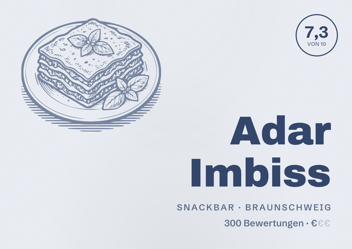 Illustriertes Poster von Adar Imbiss, Snackbar in Braunschweig: Bewertung 7,3 von 10 aus 300 Bewertungen, Preisniveau €