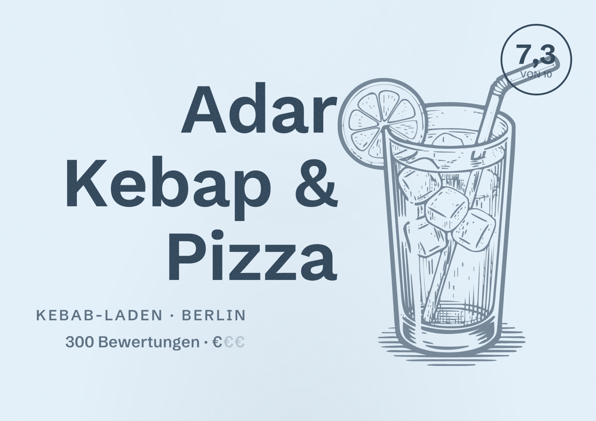 Illustriertes Poster von Adar Kebap & Pizza, Kebab-Laden in Berlin: Bewertung 7,3 von 10 aus 300 Bewertungen, Preisniveau €