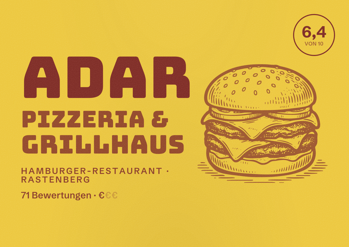 Illustriertes Poster von Adar Pizzeria & Grillhaus, Hamburger-Restaurant in Rastenberg: Bewertung 6,4 von 10 aus 71 Bewertungen, Preisniveau €