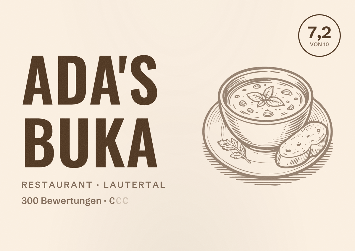 Illustriertes Poster von Ada's Buka, Restaurant in Lautertal: Bewertung 7,2 von 10 aus 300 Bewertungen, Preisniveau €