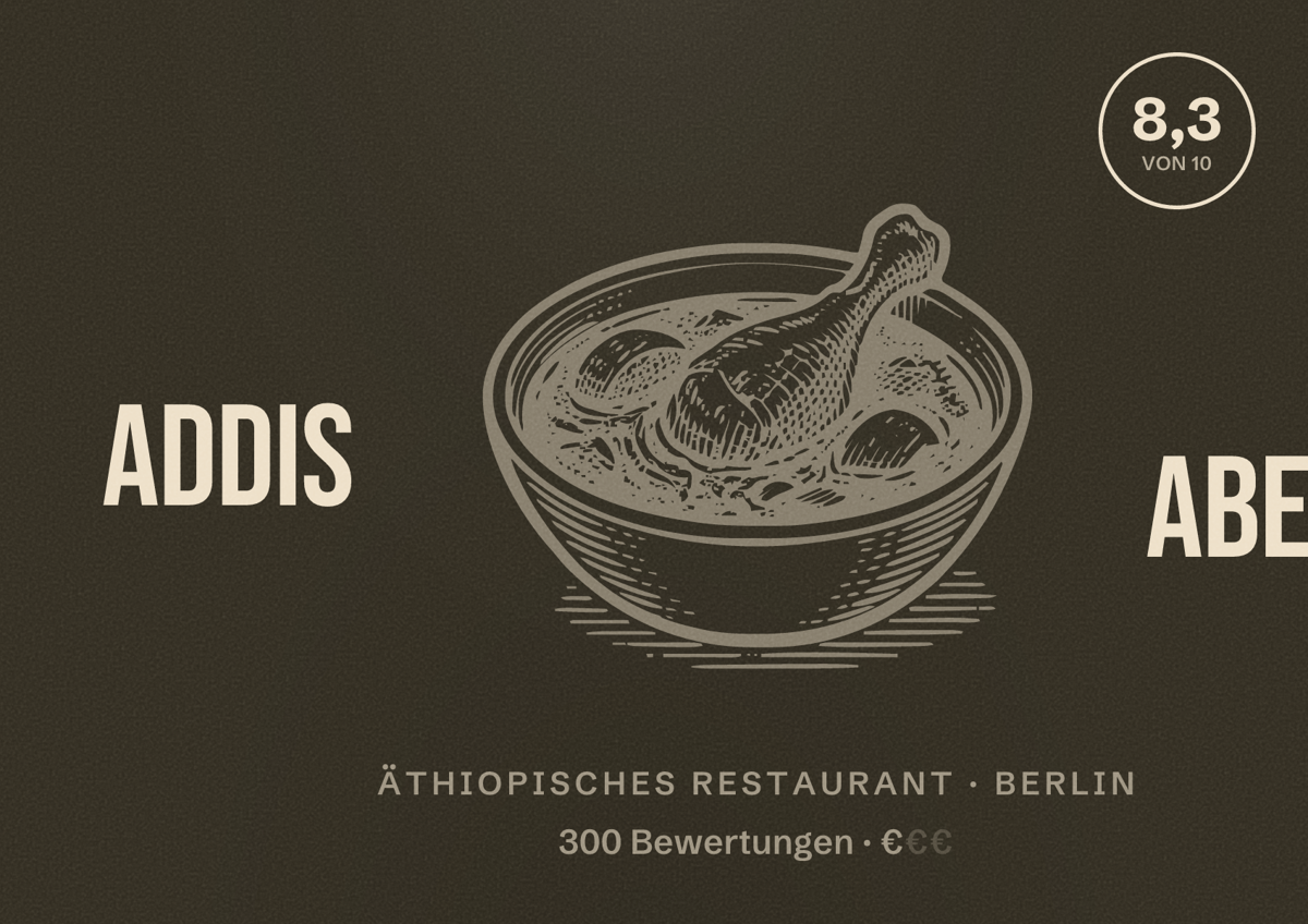 Illustriertes Poster von Addis Abeba, Äthiopisches Restaurant in Berlin: Bewertung 8,3 von 10 aus 300 Bewertungen, Preisniveau €