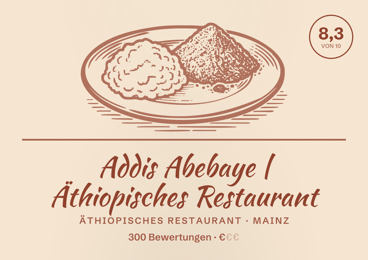 Illustriertes Poster von Addis Abebaye | Äthiopisches Restaurant, Äthiopisches Restaurant in Mainz: Bewertung 8,3 von 10 aus 300 Bewertungen, Preisniveau €