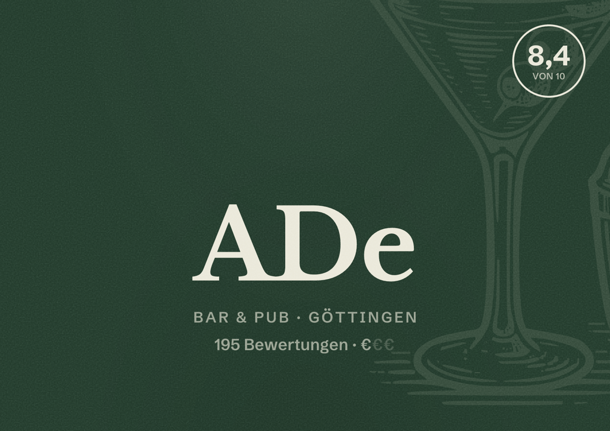 Illustriertes Poster von ADe, Bar & Pub in Göttingen: Bewertung 8,4 von 10 aus 195 Bewertungen, Preisniveau €