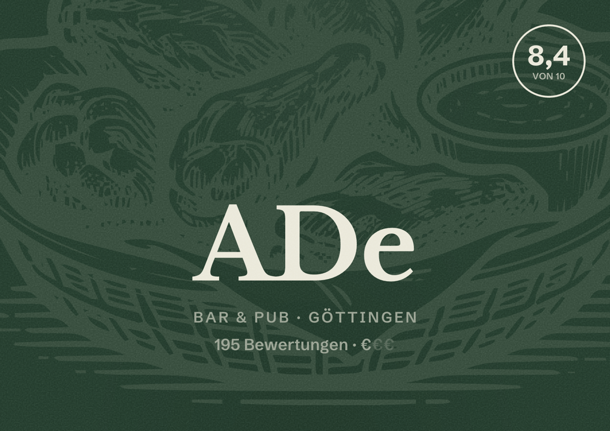 Illustriertes Poster von ADe, Bar & Pub in Göttingen: Bewertung 8,4 von 10 aus 195 Bewertungen, Preisniveau €