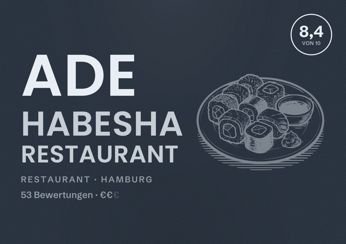 Illustriertes Poster von Ade Habesha Restaurant, Restaurant in Hamburg: Bewertung 8,4 von 10 aus 53 Bewertungen, Preisniveau €€