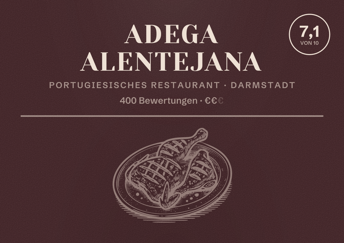Illustriertes Poster von Adega Alentejana, Portugiesisches Restaurant in Darmstadt: Bewertung 7,1 von 10 aus 400 Bewertungen, Preisniveau €€
