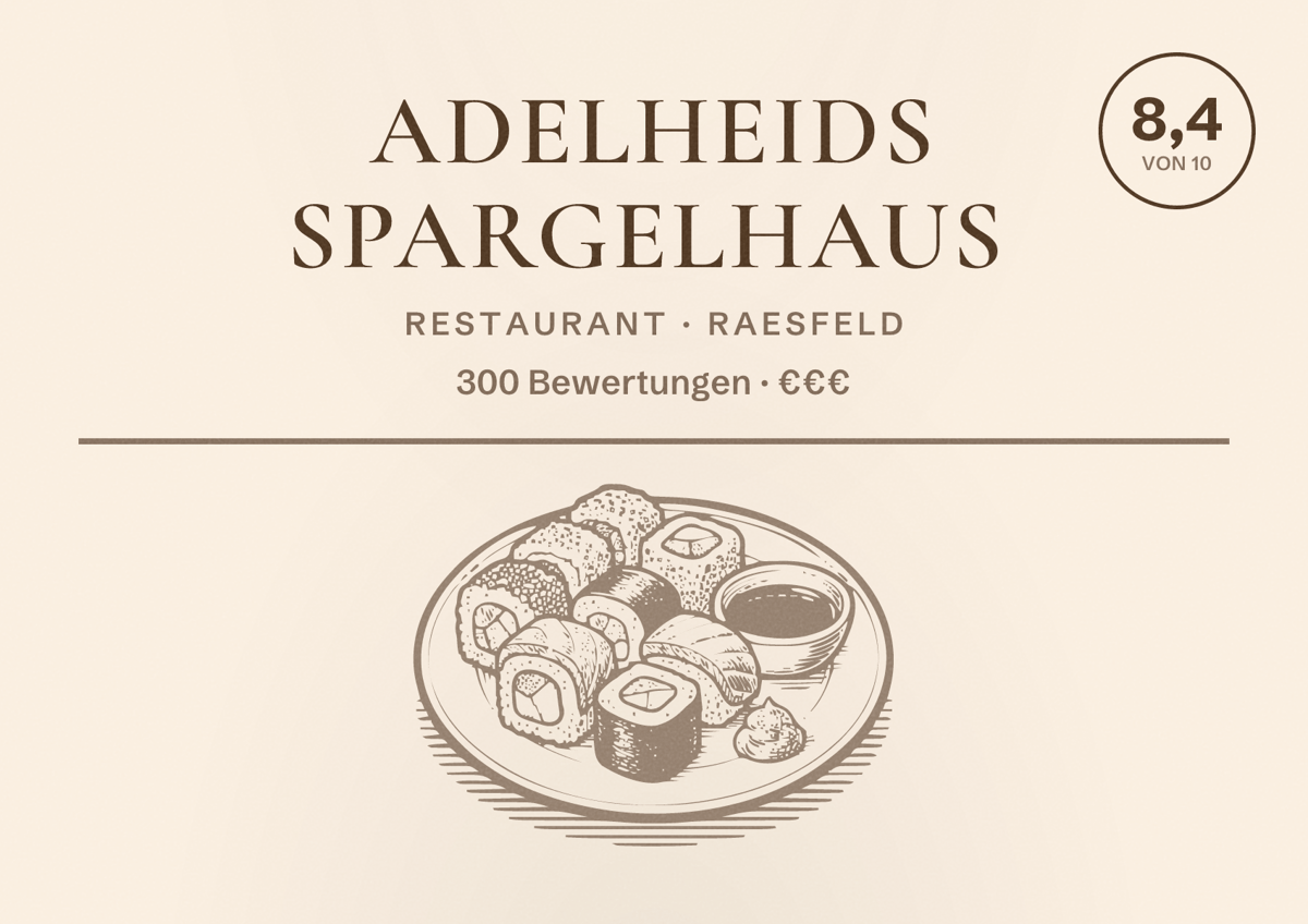 Illustriertes Poster von Adelheids Spargelhaus, Restaurant in Raesfeld: Bewertung 8,4 von 10 aus 300 Bewertungen, Preisniveau €€€