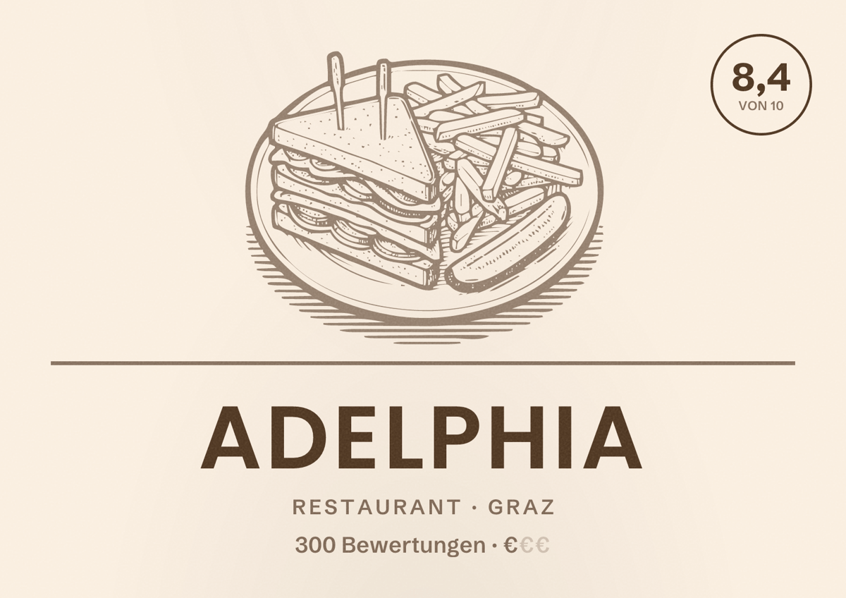 Illustriertes Poster von Adelphia, Restaurant in Graz: Bewertung 8,4 von 10 aus 300 Bewertungen, Preisniveau €