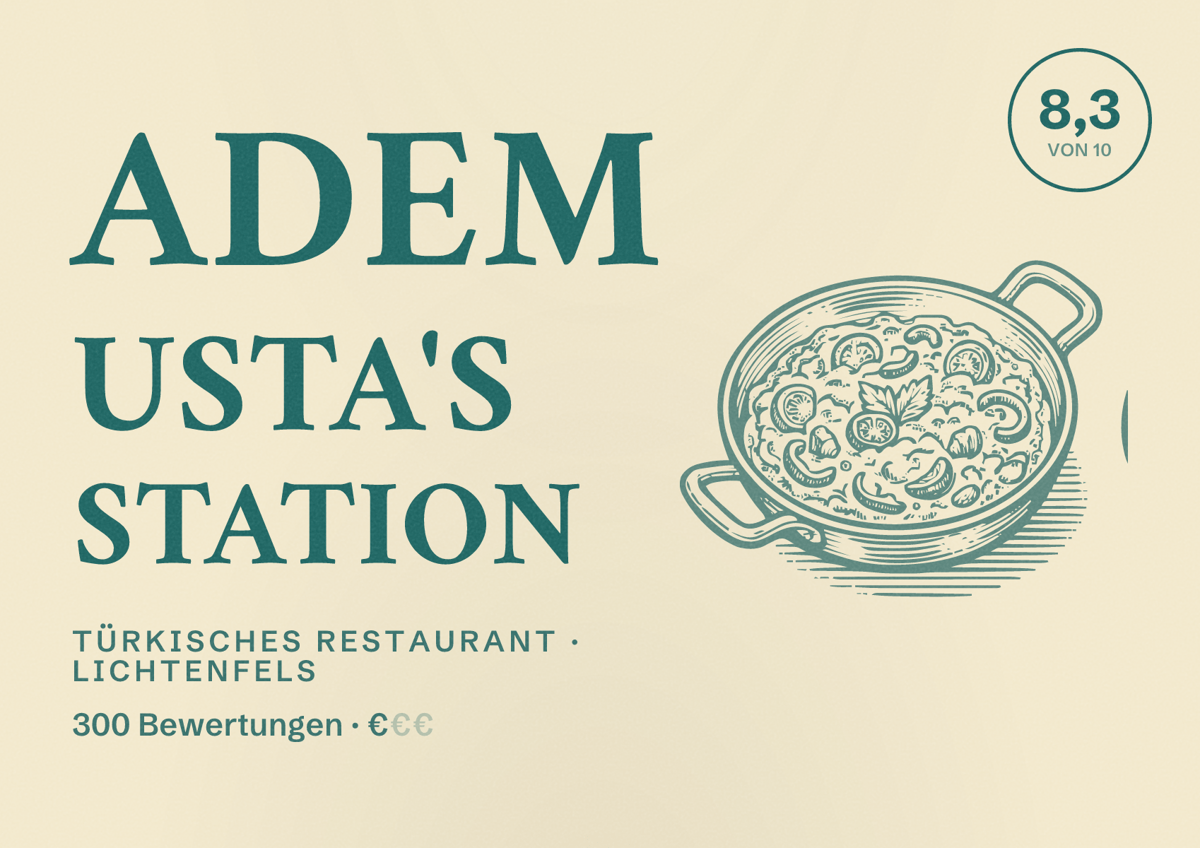 Illustriertes Poster von Adem Usta's Station, Türkisches Restaurant in Lichtenfels: Bewertung 8,3 von 10 aus 300 Bewertungen, Preisniveau €