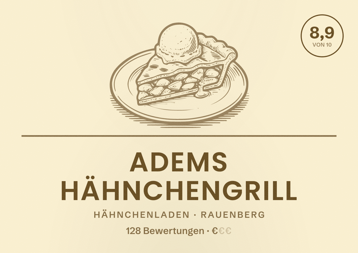 Illustriertes Poster von Adems Hähnchengrill, Hähnchenladen in Rauenberg: Bewertung 8,9 von 10 aus 128 Bewertungen, Preisniveau €
