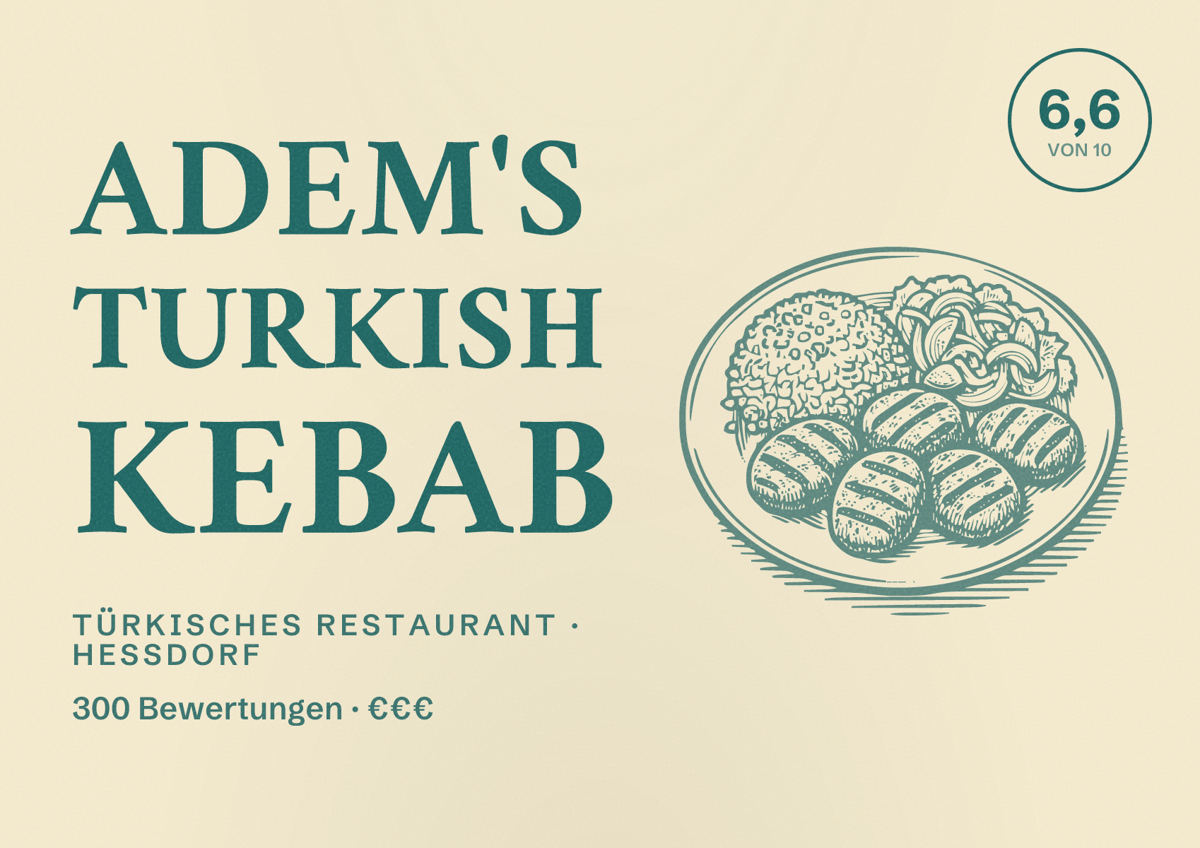Illustriertes Poster von Adem's Turkish Kebab, Türkisches Restaurant in Heßdorf: Bewertung 6,6 von 10 aus 300 Bewertungen, Preisniveau €€€