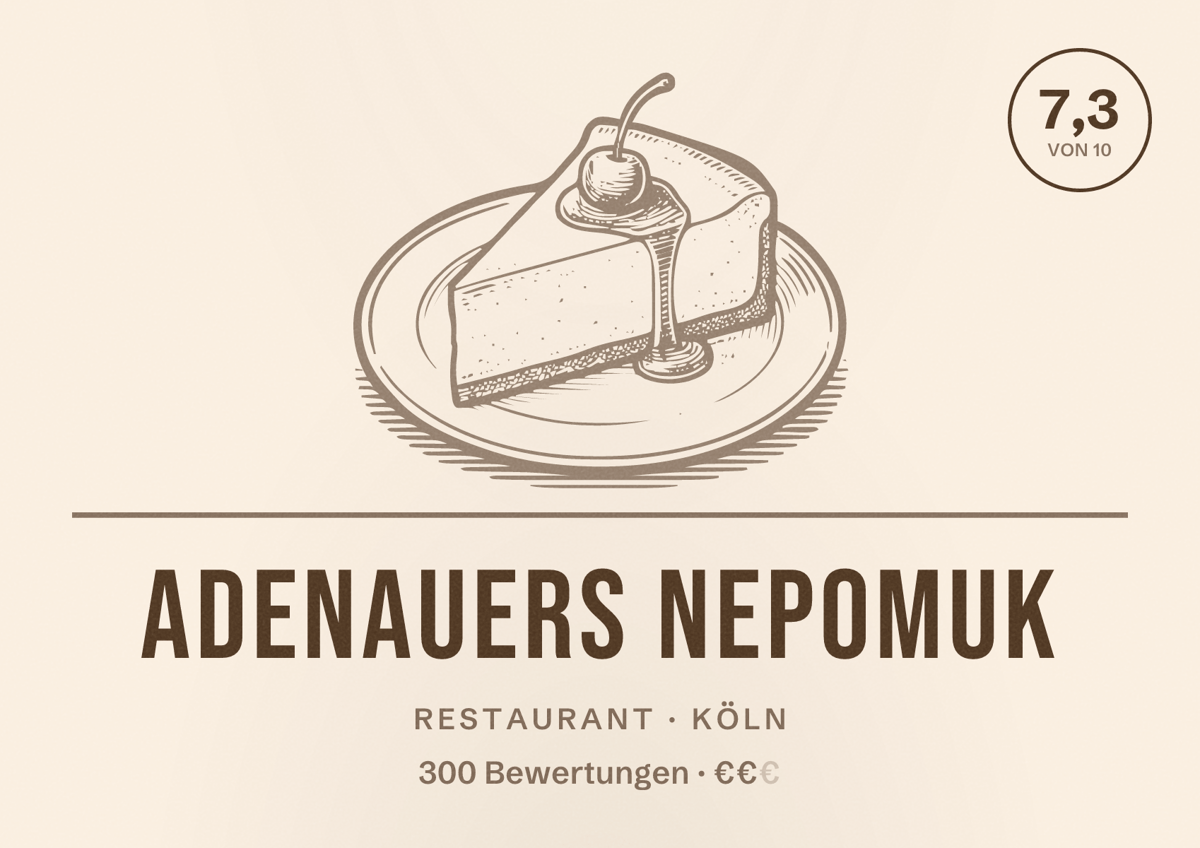 Illustriertes Poster von Adenauers Nepomuk, Restaurant in Köln: Bewertung 7,3 von 10 aus 300 Bewertungen, Preisniveau €€
