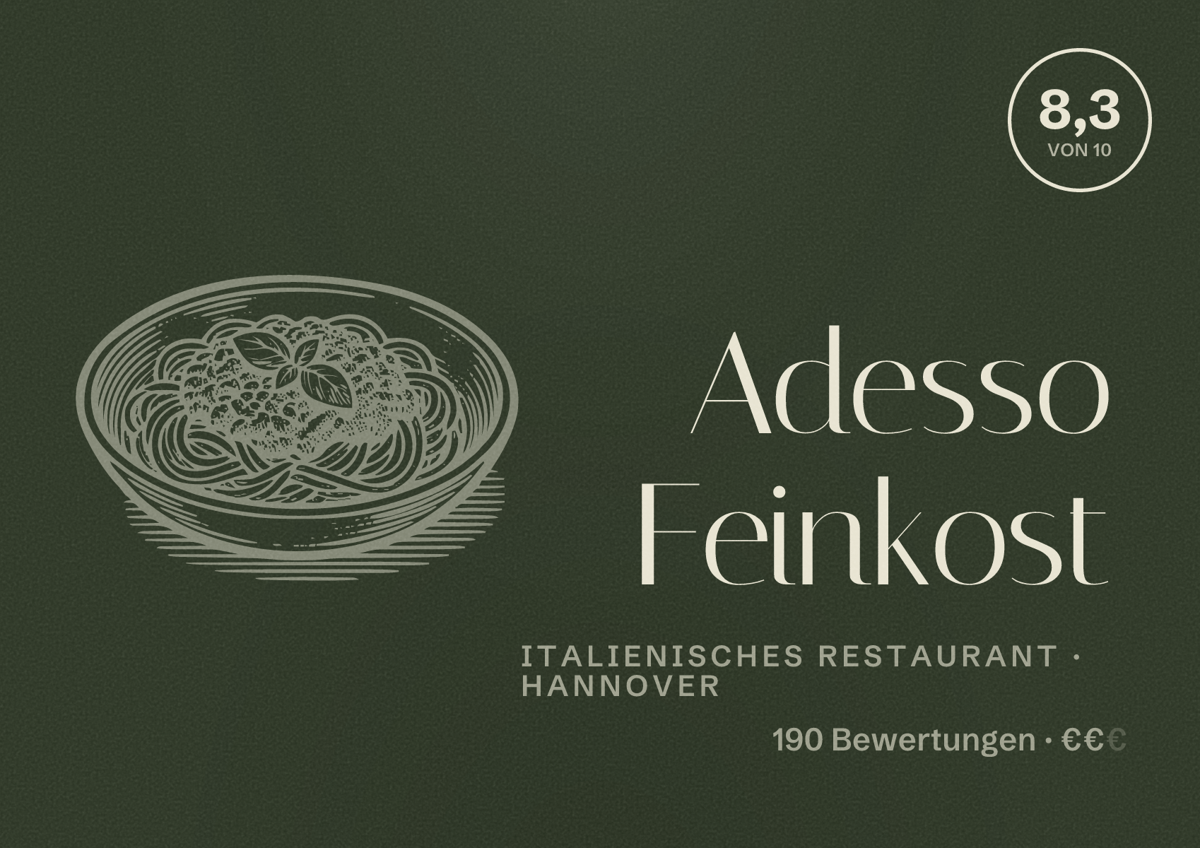 Illustriertes Poster von Adesso Feinkost, Italienisches Restaurant in Hannover: Bewertung 8,3 von 10 aus 190 Bewertungen, Preisniveau €€