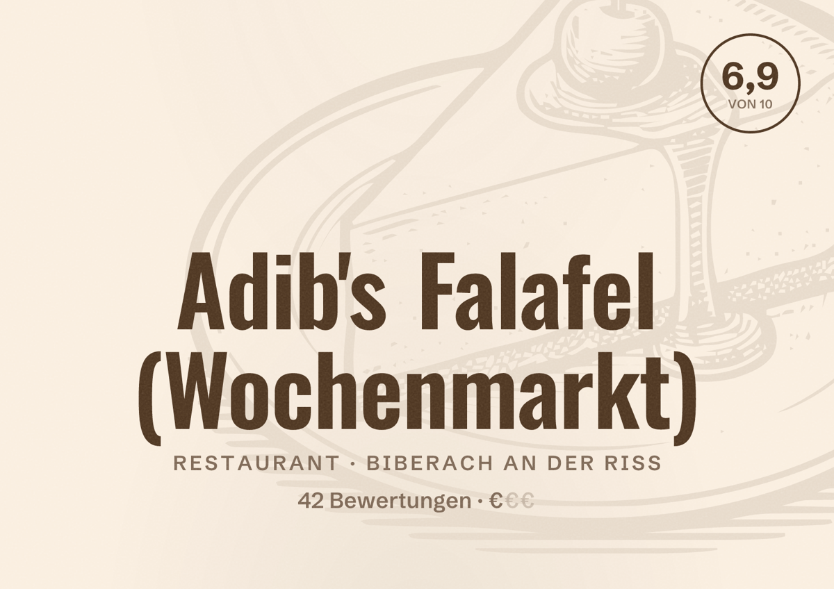 Illustriertes Poster von Adib's Falafel (Wochenmarkt), Restaurant in Biberach an der Riß: Bewertung 6,9 von 10 aus 42 Bewertungen, Preisniveau €