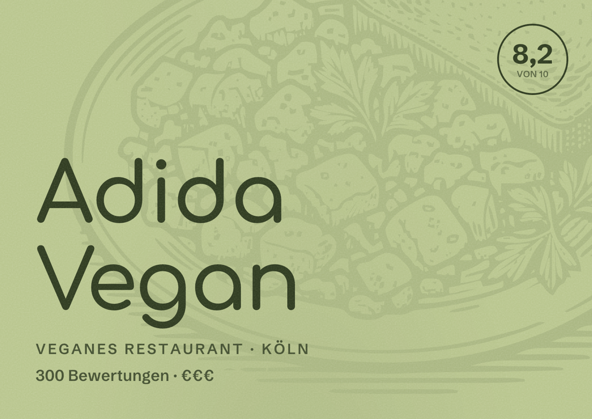 Illustriertes Poster von Adida Vegan, Veganes Restaurant in Köln: Bewertung 8,2 von 10 aus 300 Bewertungen, Preisniveau €€€
