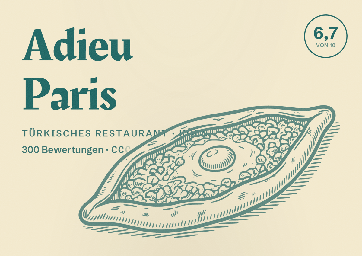 Illustriertes Poster von Adieu Paris, Türkisches Restaurant in Köln: Bewertung 6,7 von 10 aus 300 Bewertungen, Preisniveau €€
