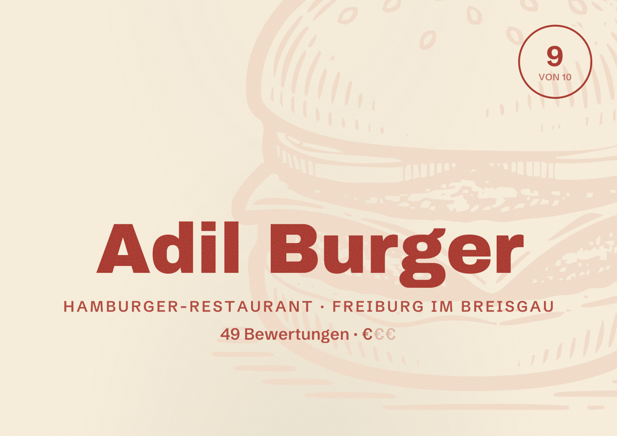 Illustriertes Poster von Adil Burger, Hamburger-Restaurant in Freiburg im Breisgau: Bewertung 9,0 von 10 aus 49 Bewertungen, Preisniveau €