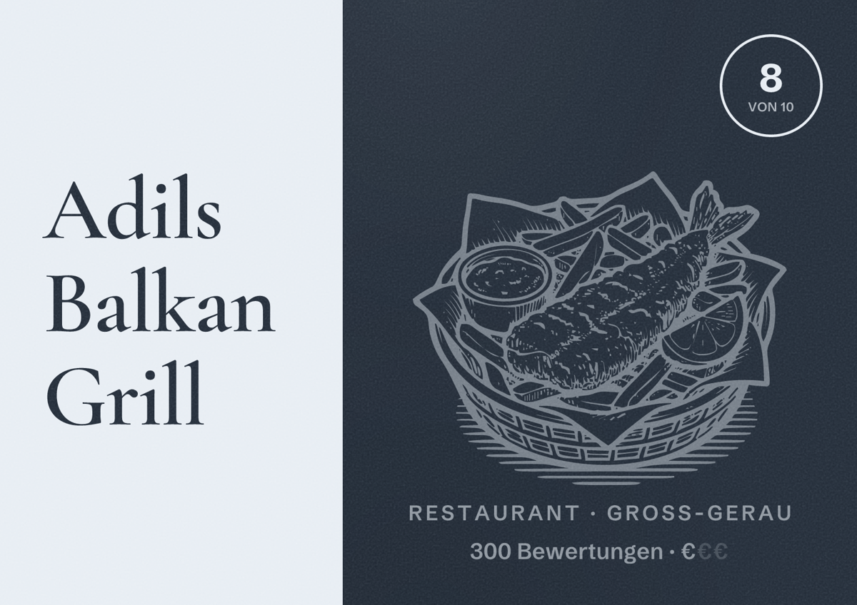 Illustriertes Poster von Adils Balkan Grill, Restaurant in Groß-Gerau: Bewertung 8 von 10 aus 300 Bewertungen, Preisniveau €