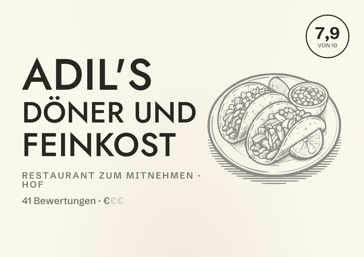 Illustriertes Poster von Adil's Döner und Feinkost, Restaurant zum Mitnehmen in Hof: Bewertung 7,9 von 10 aus 41 Bewertungen, Preisniveau €