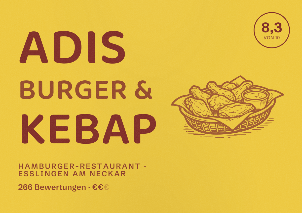Illustriertes Poster von Adis Burger & Kebap, Hamburger-Restaurant in Esslingen am Neckar: Bewertung 8,3 von 10 aus 266 Bewertungen, Preisniveau €€