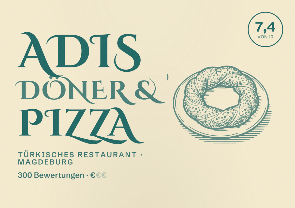 Illustriertes Poster von ADIS Döner & Pizza, Türkisches Restaurant in Magdeburg: Bewertung 7,4 von 10 aus 300 Bewertungen, Preisniveau €