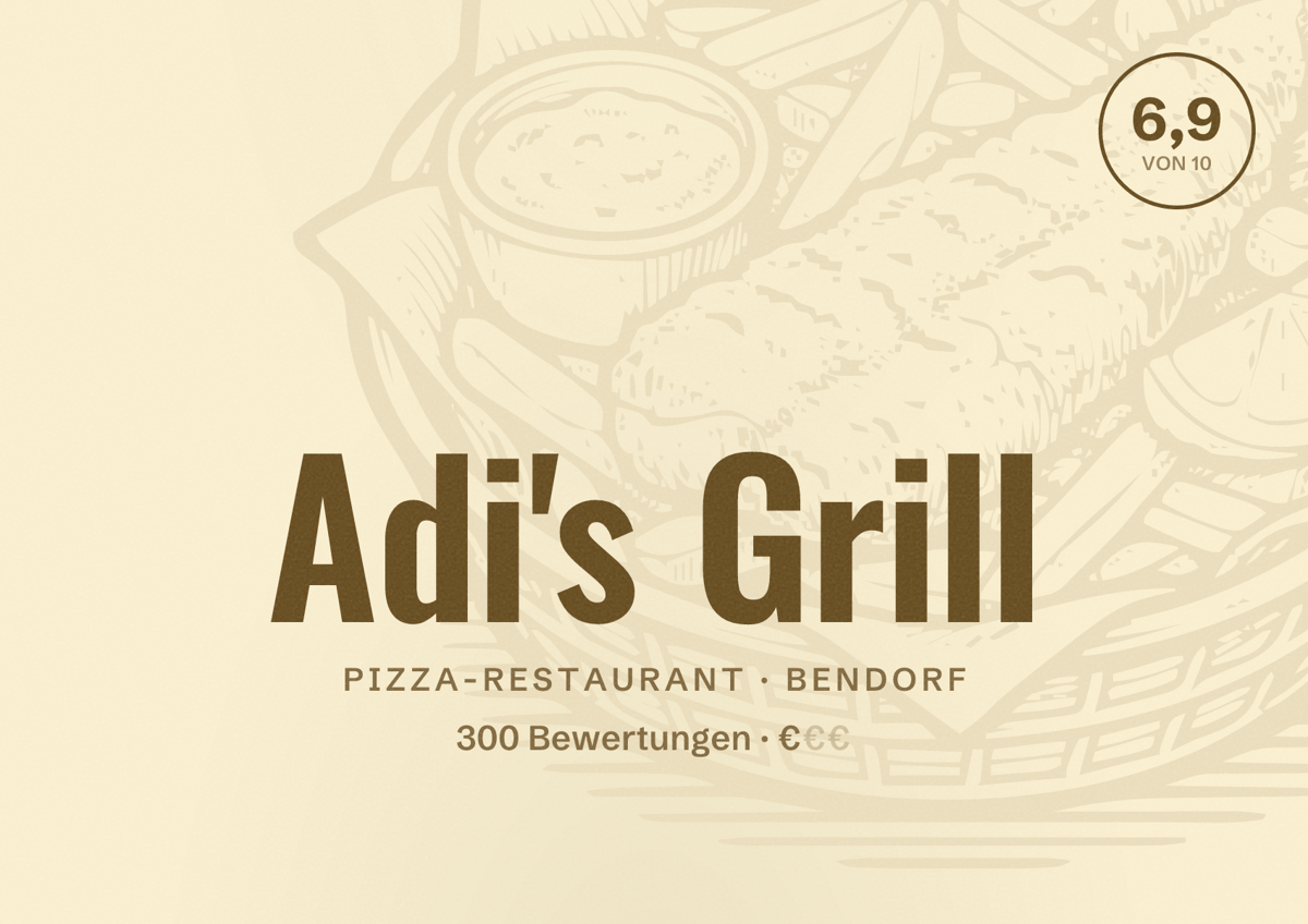 Illustriertes Poster von Adi's Grill, Pizza-Restaurant in Bendorf: Bewertung 6,9 von 10 aus 300 Bewertungen, Preisniveau €