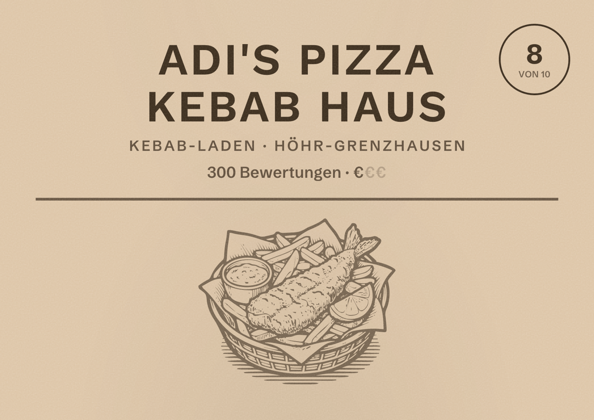 Illustriertes Poster von Adi's Pizza Kebab Haus, Kebab-Laden in Höhr-Grenzhausen: Bewertung 8 von 10 aus 300 Bewertungen, Preisniveau €