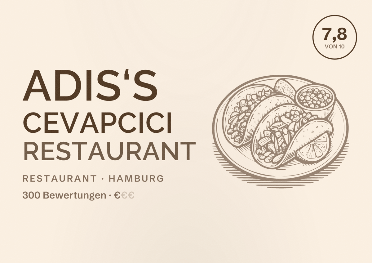 Illustriertes Poster von Adis‘s Cevapcici Restaurant, Restaurant in Hamburg: Bewertung 7,8 von 10 aus 300 Bewertungen, Preisniveau €