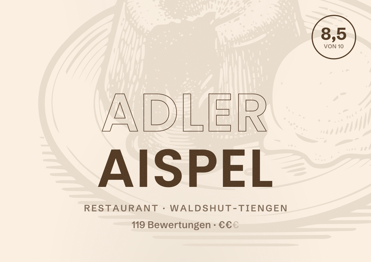 Illustriertes Poster von Adler Aispel, Restaurant in Waldshut-Tiengen: Bewertung 8,5 von 10 aus 119 Bewertungen, Preisniveau €€