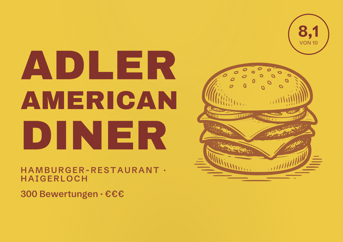 Illustriertes Poster von ADLER AMERICAN DINER, Hamburger-Restaurant in Haigerloch: Bewertung 8,1 von 10 aus 300 Bewertungen, Preisniveau €€€