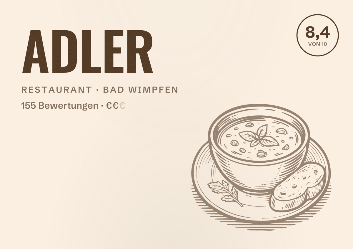 Illustriertes Poster von ADLER, Restaurant in Bad Wimpfen: Bewertung 8,4 von 10 aus 155 Bewertungen, Preisniveau €€
