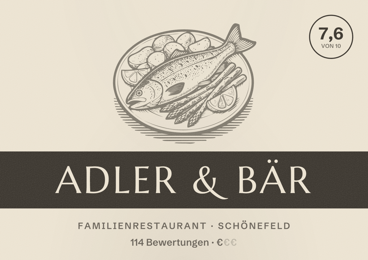 Illustriertes Poster von Adler & Bär, Familienrestaurant in Schönefeld: Bewertung 7,6 von 10 aus 114 Bewertungen, Preisniveau €