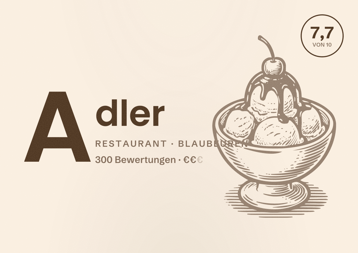 Illustriertes Poster von Adler, Restaurant in Blaubeuren: Bewertung 7,7 von 10 aus 300 Bewertungen, Preisniveau €€