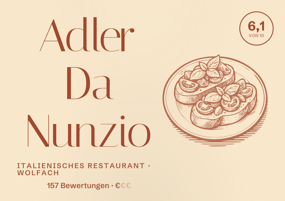 Illustriertes Poster von Adler Da Nunzio, Italienisches Restaurant in Wolfach: Bewertung 6,1 von 10 aus 157 Bewertungen, Preisniveau €