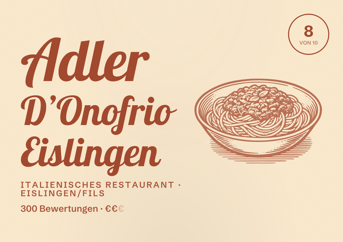 Illustriertes Poster von Adler D’Onofrio Eislingen, Italienisches Restaurant in Eislingen/Fils: Bewertung 8 von 10 aus 300 Bewertungen, Preisniveau €€