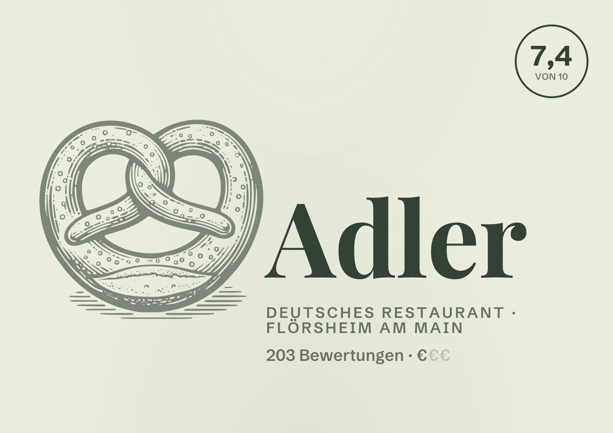 Illustriertes Poster von Adler, Deutsches Restaurant in Flörsheim am Main: Bewertung 7,4 von 10 aus 203 Bewertungen, Preisniveau €