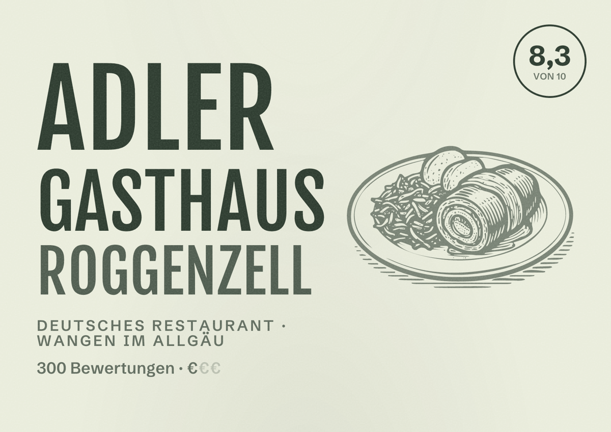 Illustriertes Poster von Adler Gasthaus Roggenzell, Deutsches Restaurant in Wangen im Allgäu: Bewertung 8,3 von 10 aus 300 Bewertungen, Preisniveau €