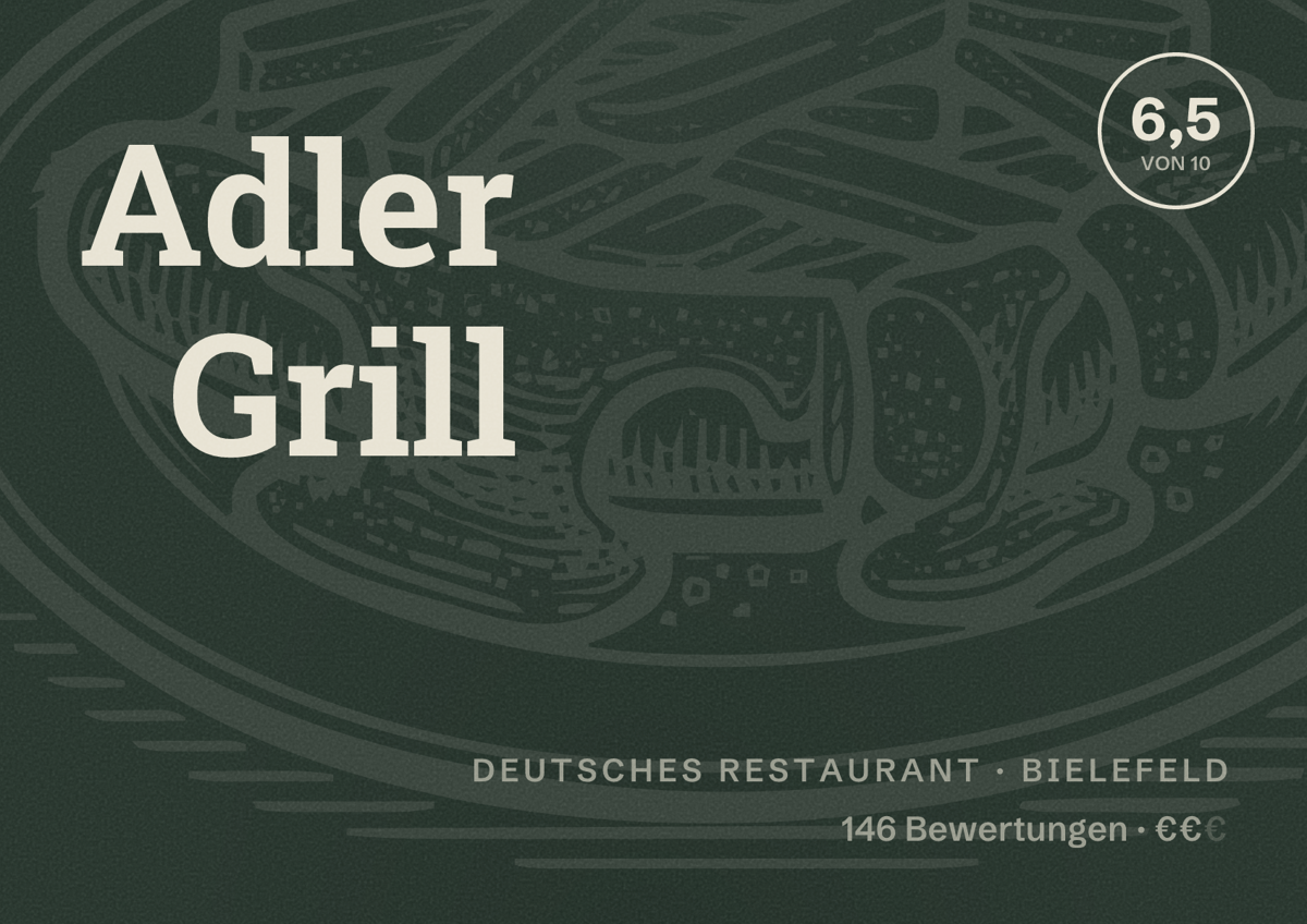 Illustriertes Poster von Adler Grill, Deutsches Restaurant in Bielefeld: Bewertung 6,5 von 10 aus 146 Bewertungen, Preisniveau €€