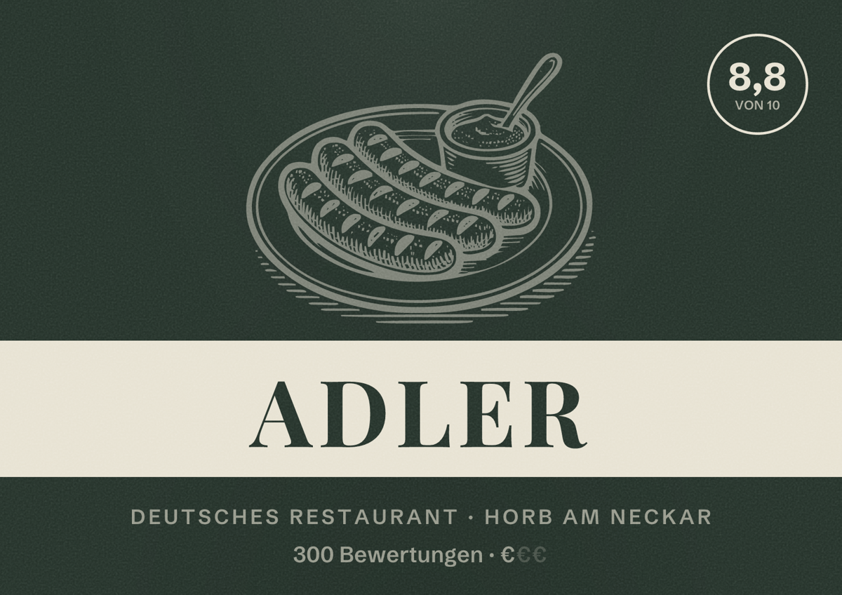 Illustriertes Poster von Adler, Deutsches Restaurant in Horb am Neckar: Bewertung 8,8 von 10 aus 300 Bewertungen, Preisniveau €