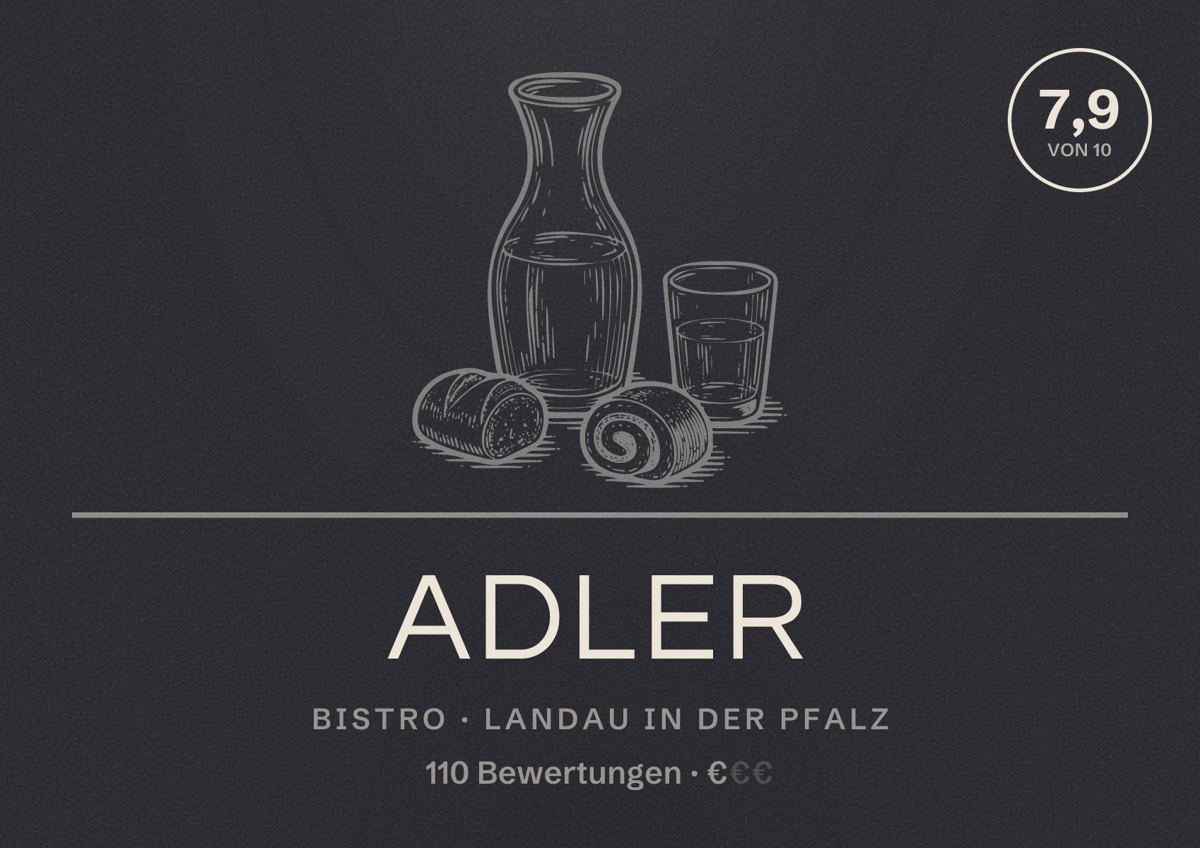 Illustriertes Poster von Adler, Bistro in Landau in der Pfalz: Bewertung 7,9 von 10 aus 110 Bewertungen, Preisniveau €