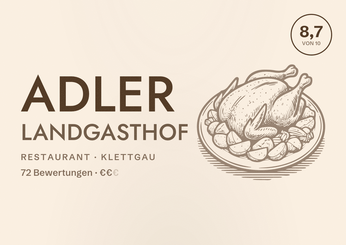 Illustriertes Poster von Adler Landgasthof, Restaurant in Klettgau: Bewertung 8,7 von 10 aus 72 Bewertungen, Preisniveau €€