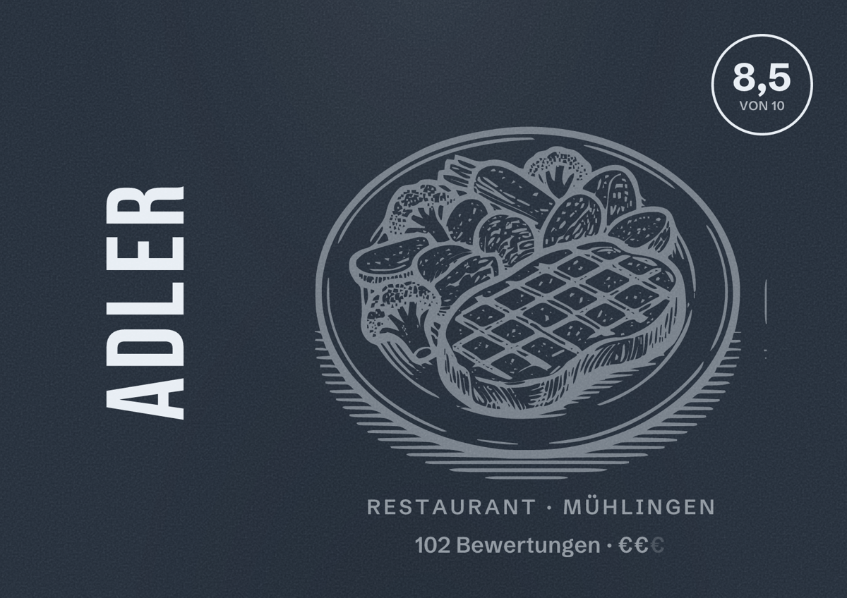 Illustriertes Poster von Adler, Restaurant in Mühlingen: Bewertung 8,5 von 10 aus 102 Bewertungen, Preisniveau €€