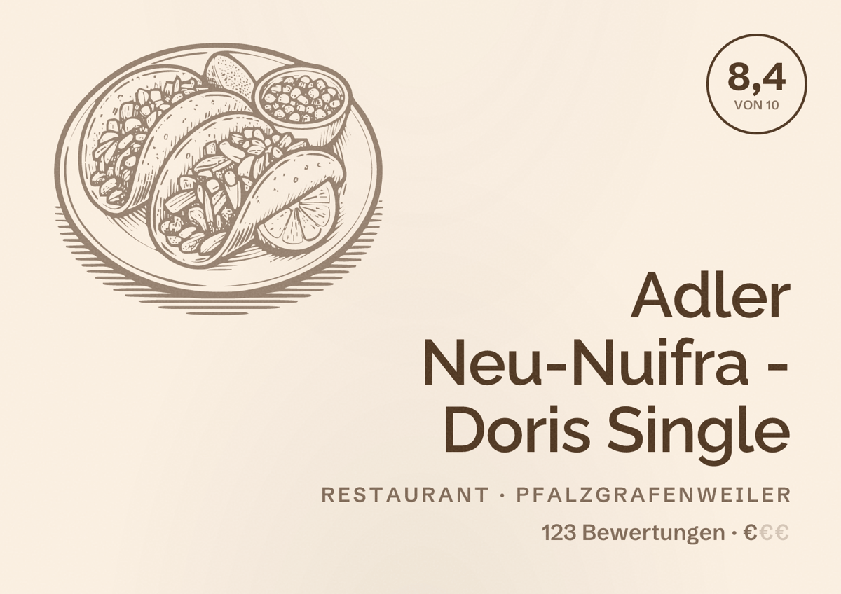 Illustriertes Poster von Adler Neu-Nuifra - Doris Single, Restaurant in Pfalzgrafenweiler: Bewertung 8,4 von 10 aus 123 Bewertungen, Preisniveau €