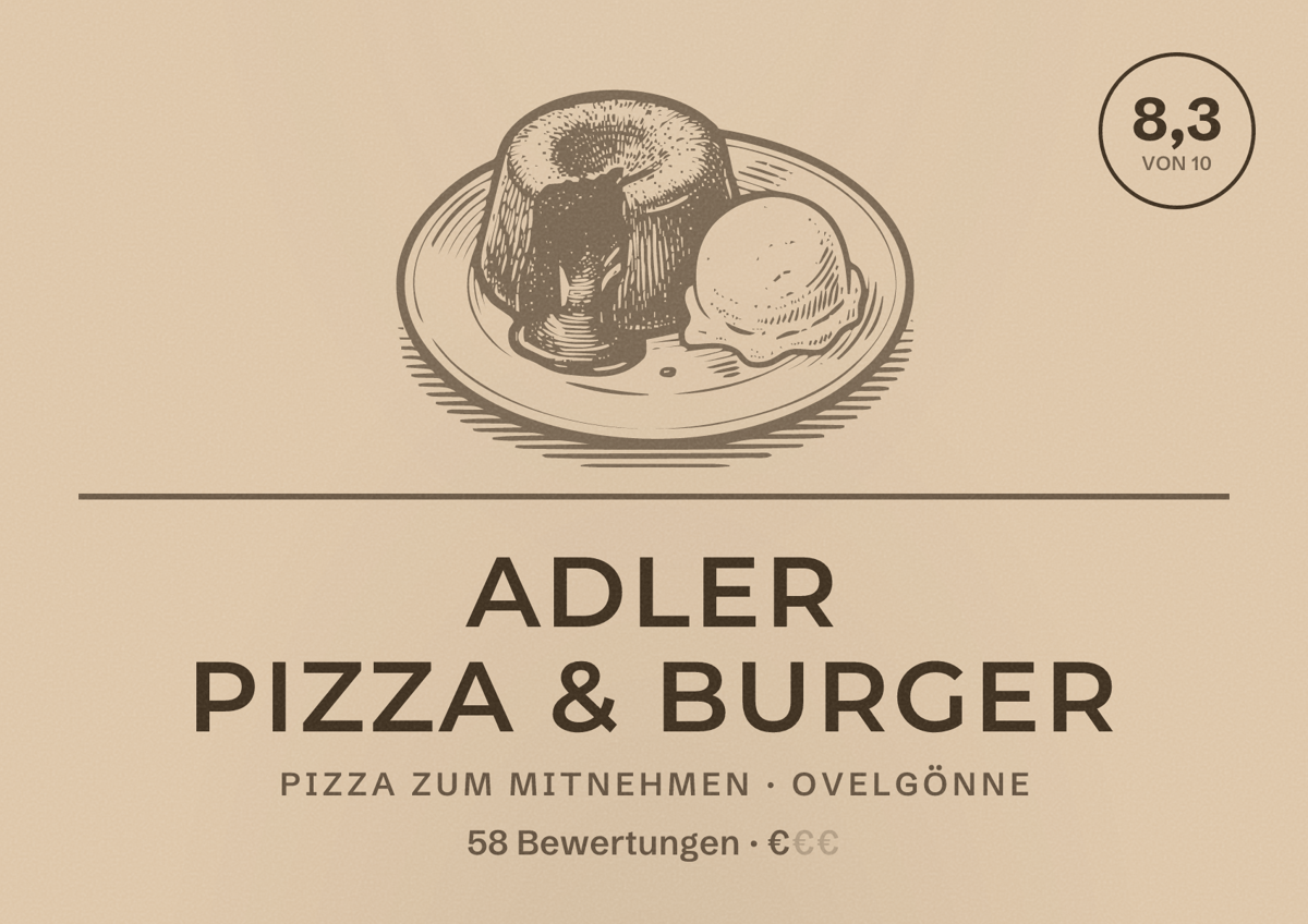 Illustriertes Poster von ADLER Pizza & Burger, Pizza zum Mitnehmen in Ovelgönne: Bewertung 8,3 von 10 aus 58 Bewertungen, Preisniveau €