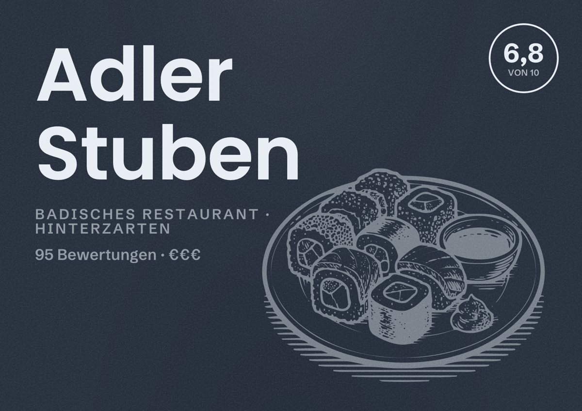 Illustriertes Poster von Adler Stuben, Badisches Restaurant in Hinterzarten: Bewertung 6,8 von 10 aus 95 Bewertungen, Preisniveau €€€