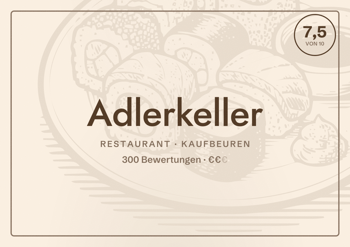 Illustriertes Poster von Adlerkeller, Restaurant in Kaufbeuren: Bewertung 7,5 von 10 aus 300 Bewertungen, Preisniveau €€