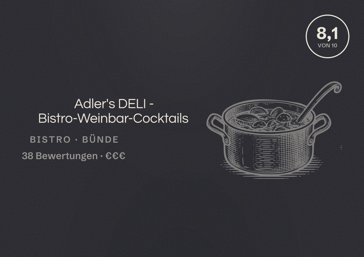 Illustriertes Poster von Adler's DELI - Bistro-Weinbar-Cocktails, Bistro in Bünde: Bewertung 8,1 von 10 aus 38 Bewertungen, Preisniveau €€€