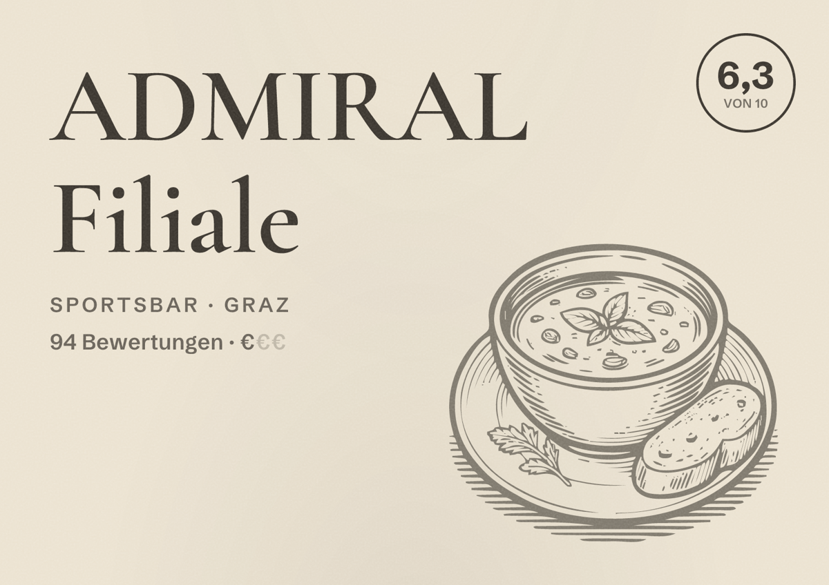 Illustriertes Poster von ADMIRAL Filiale, Sportsbar in Graz: Bewertung 6,3 von 10 aus 94 Bewertungen, Preisniveau €