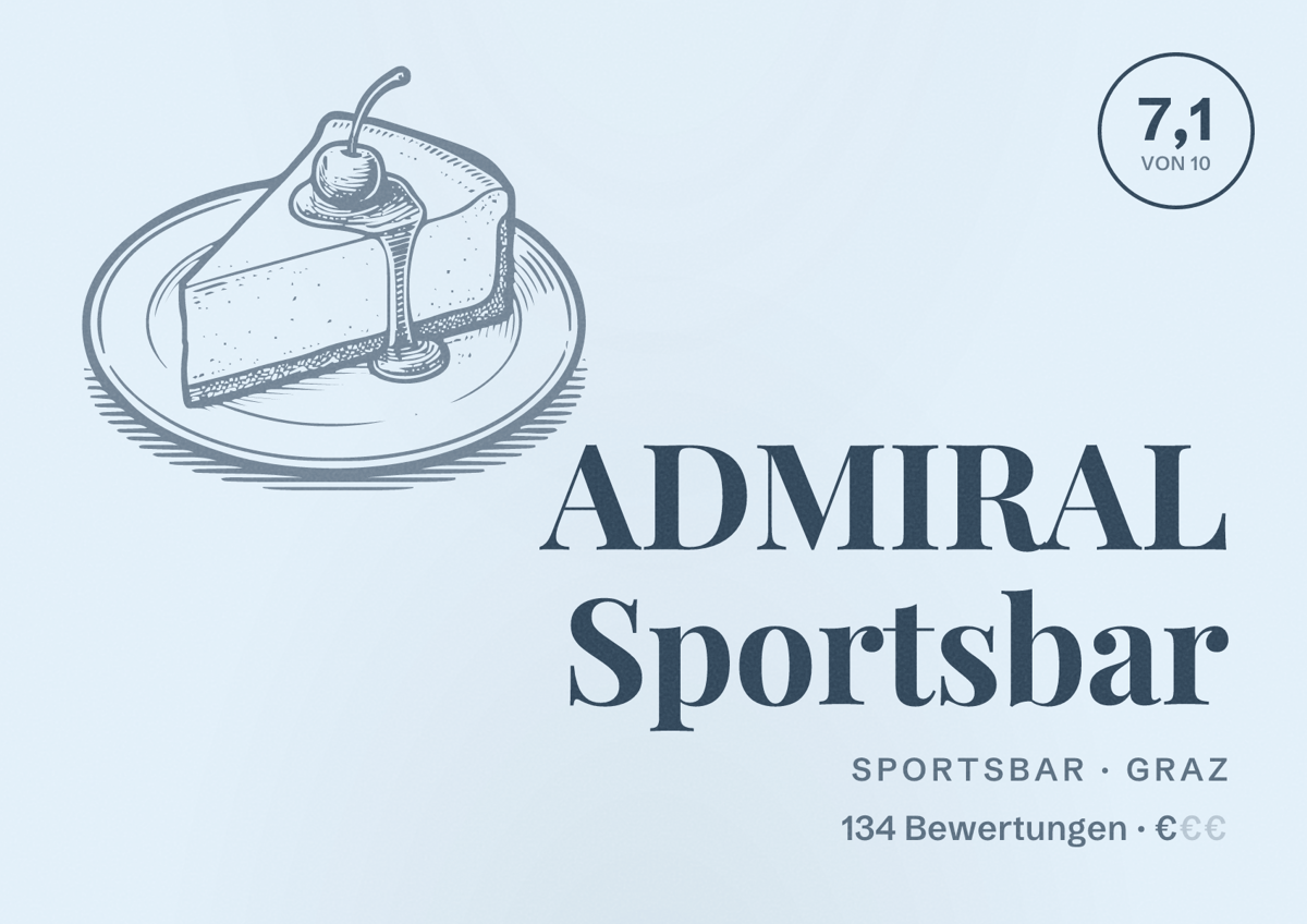 Illustriertes Poster von ADMIRAL Sportsbar, Sportsbar in Graz: Bewertung 7,1 von 10 aus 134 Bewertungen, Preisniveau €