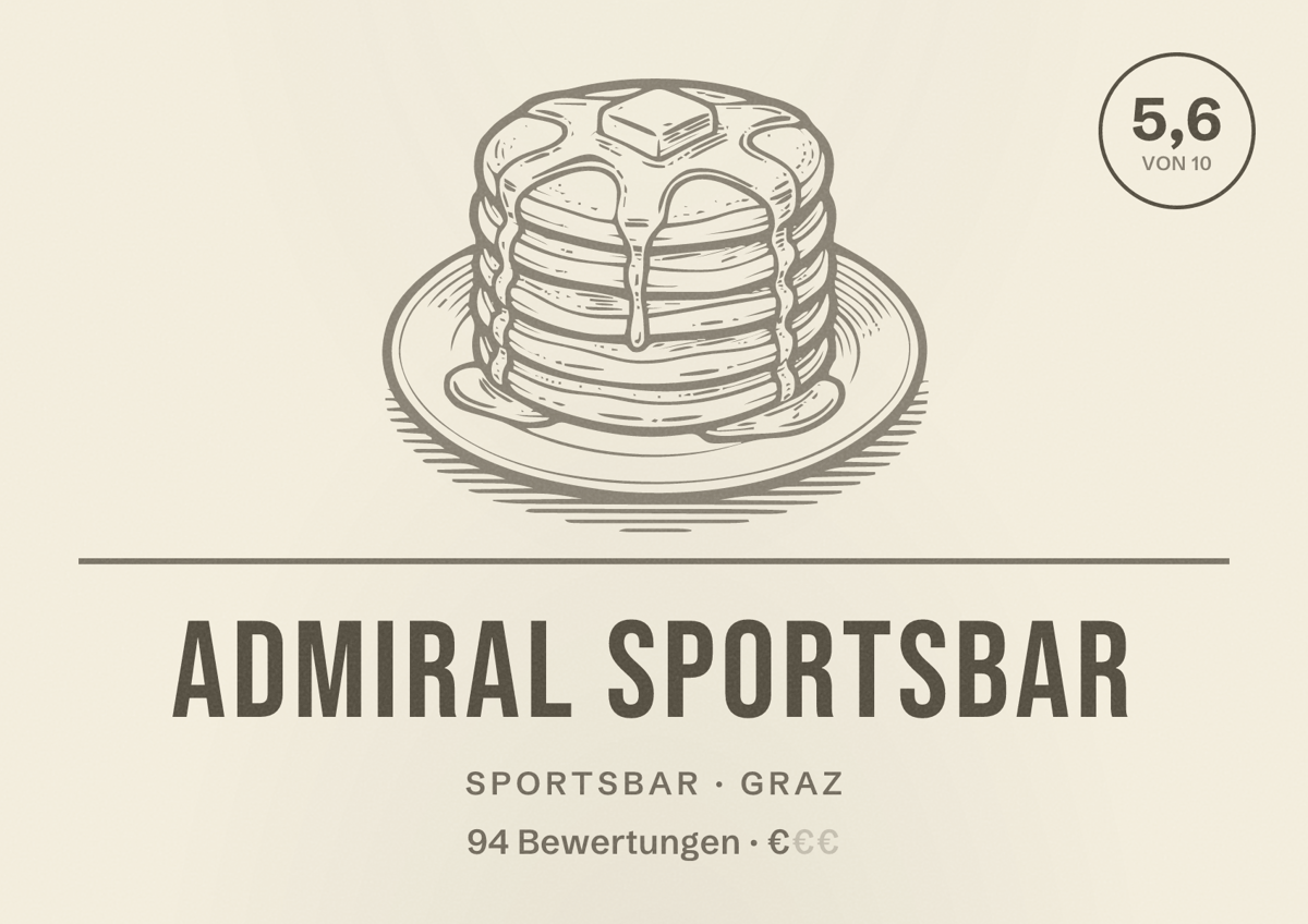 Illustriertes Poster von ADMIRAL Sportsbar, Sportsbar in Graz: Bewertung 5,6 von 10 aus 94 Bewertungen, Preisniveau €